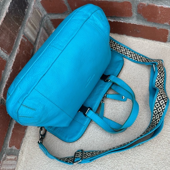 Charles Jourdan Leather Convertible Bag w/trendy guitar style strap in Aqua Blue - Picture 9 of 14